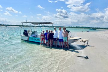 a group of people standing by a boat in the water